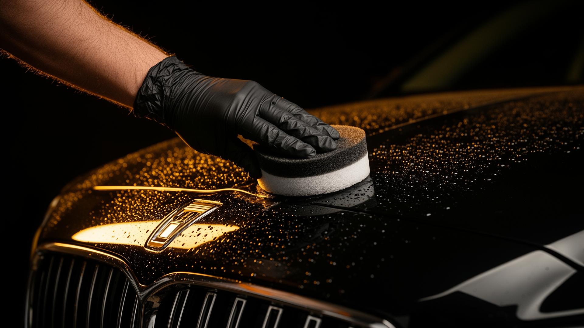 Professional detailer in a black glove polishing a glossy black car with a detailing pad